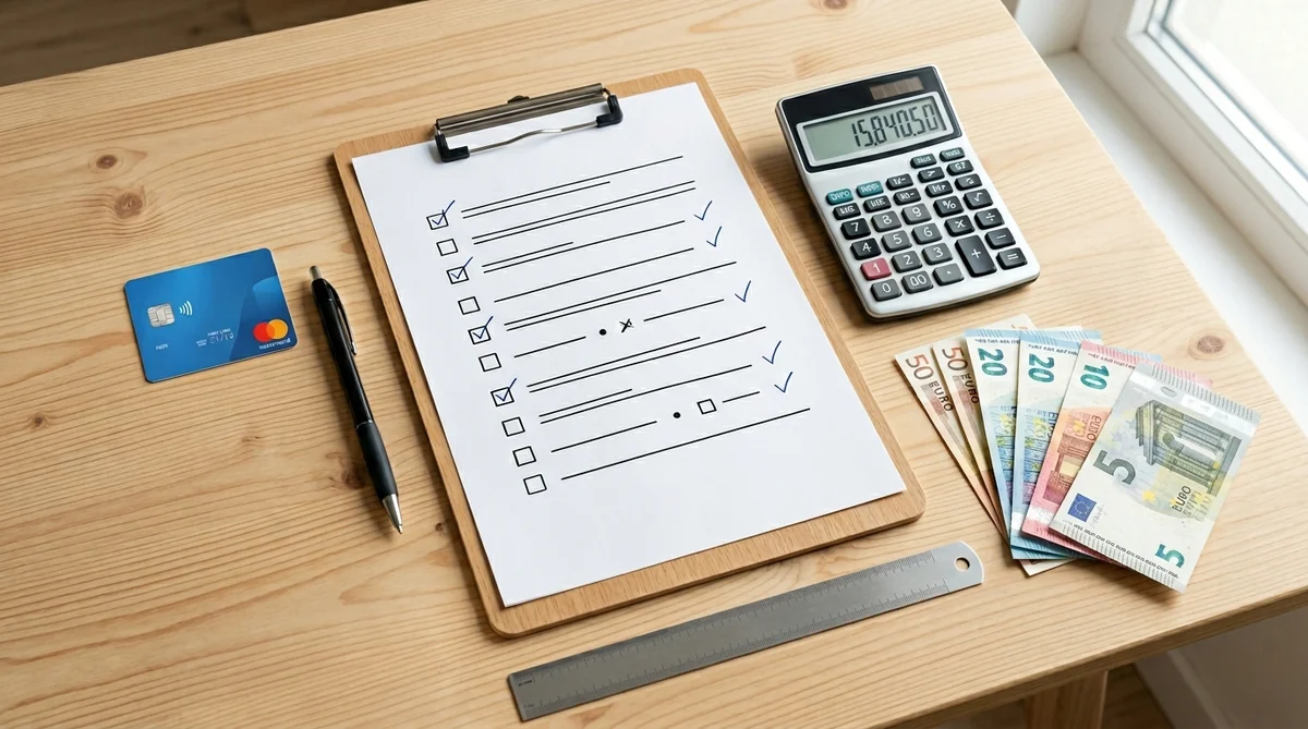 Critères pour bien choisir sa banque en ligne en 2026 Checklist de critères de sélection d'une banque en ligne avec calculatrice, billet euro et carte bancaire sur bureau blanc