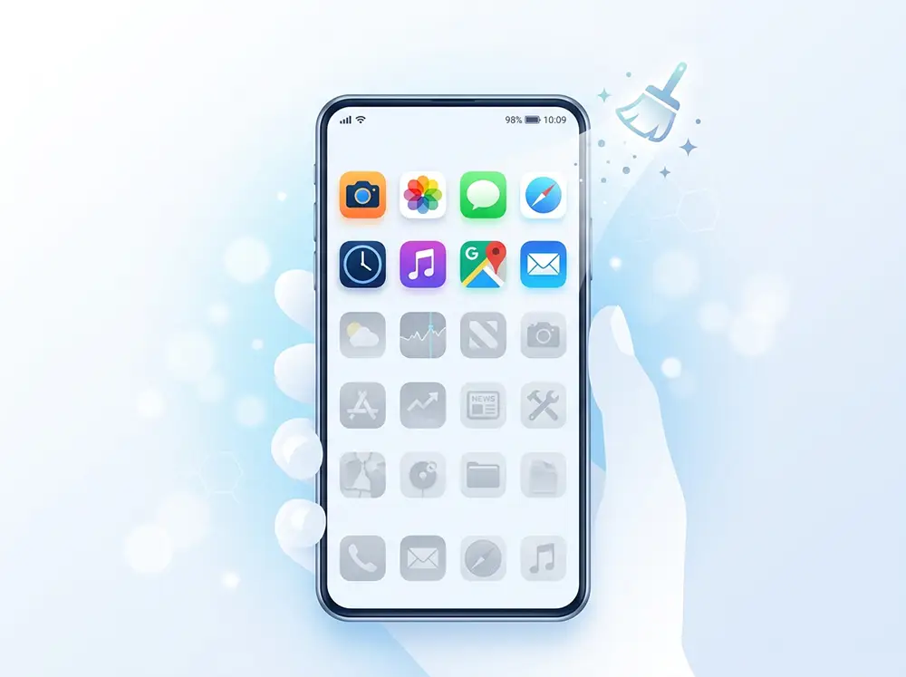 Grille d'applications Android avec certaines icônes grisées représentant les bloatwares désactivés