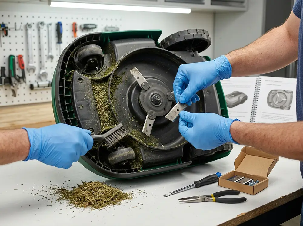 Entretien d'une tondeuse robot montrant le nettoyage du plateau de coupe et l'inspection des lames remplaçables