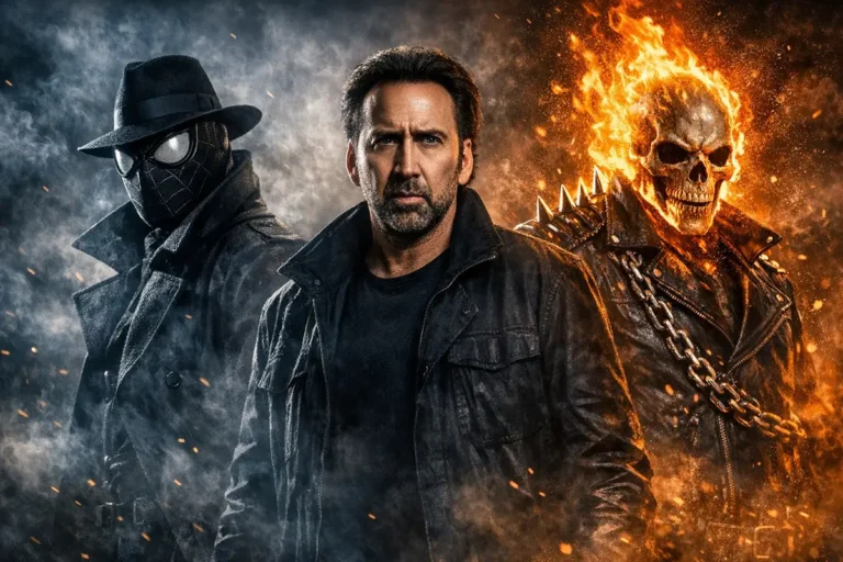 Nicolas Cage au centre entouré de Spider Noir et du Ghost Rider