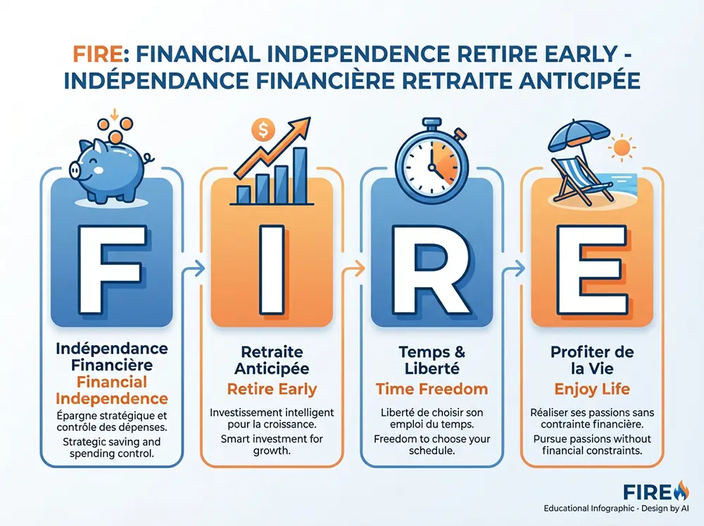 Infographie de l'acronyme FIRE : Financial Independence Retire Early