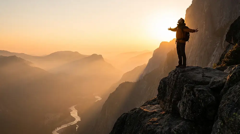 Personne au sommet d'une falaise au lever du soleil symbolisant la liberté du Fire Movement
