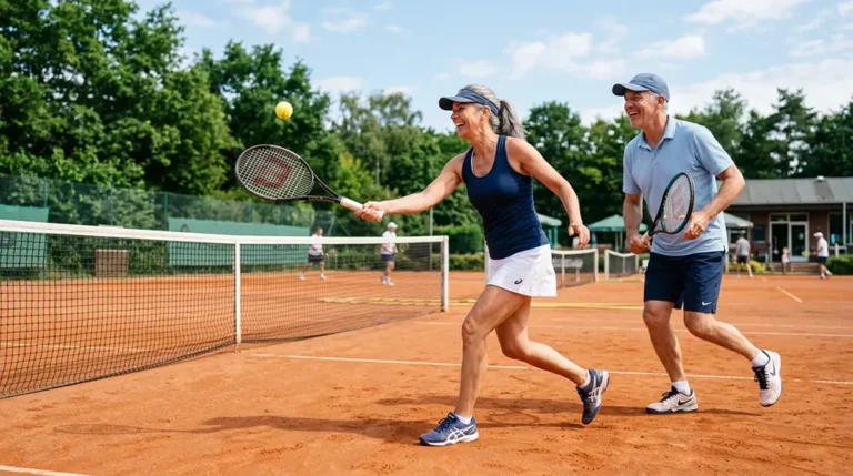 Les meilleurs sports pour vivre longtemps (et ceux à éviter) Deux adultes de 50 ans jouant au tennis en double sur un court en terre battue