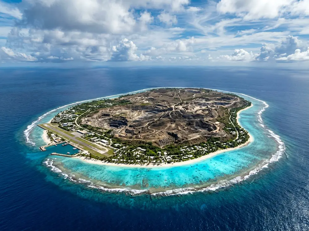 Vue aérienne de l'île de Nauru dans le Pacifique, entourée de lagons turquoise, troisième plus petit pays du monde