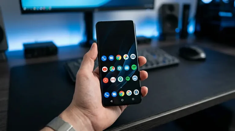 Main tenant un smartphone Android avec écran d'accueil propre et réactif