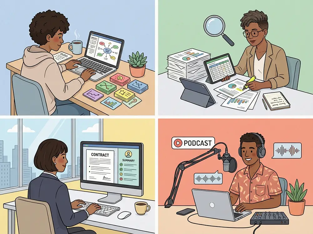 Illustration des différents cas d'usage de NotebookLM pour étudiants, chercheurs, professionnels et créateurs de contenu