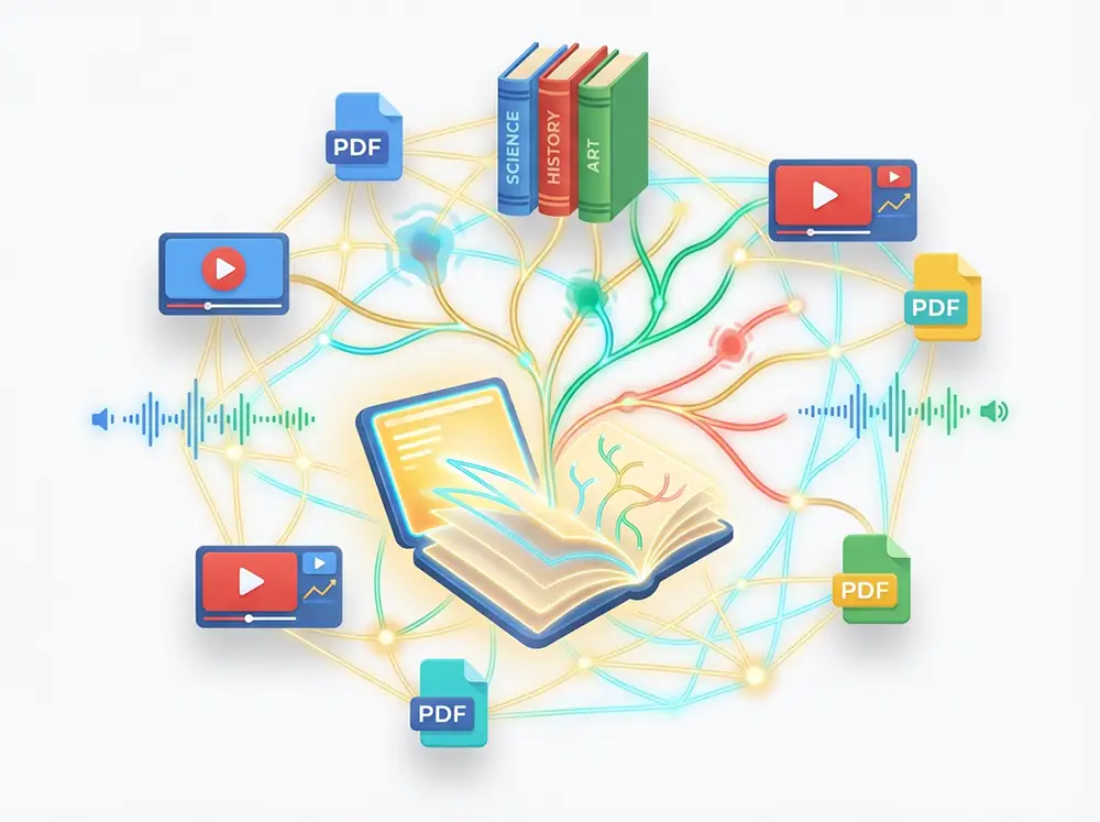 Illustration conceptuelle de NotebookLM montrant un carnet intelligent connecté à des fichiers PDF, vidéos YouTube et notes