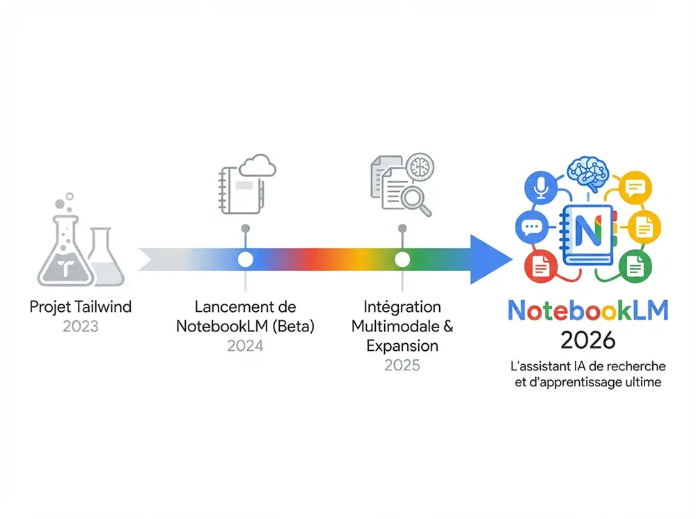 Frise chronologique illustrant l'évolution de NotebookLM depuis Project Tailwind en 2023 jusqu'en 2026