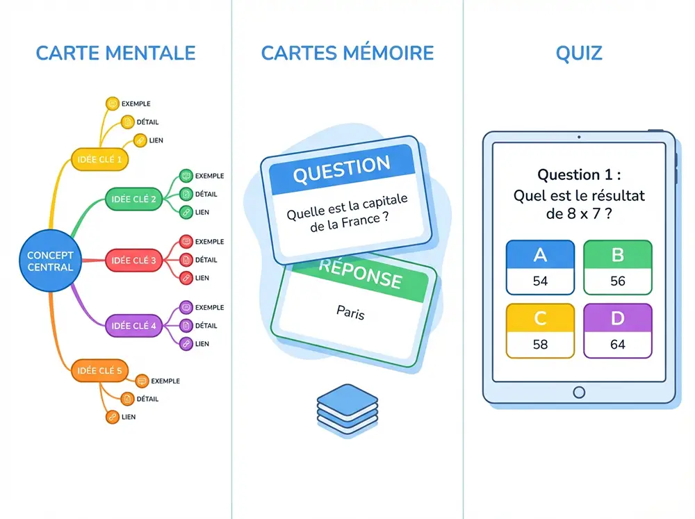 Illustration des outils d'apprentissage de NotebookLM : carte mentale, flashcards recto-verso et quiz à choix multiples