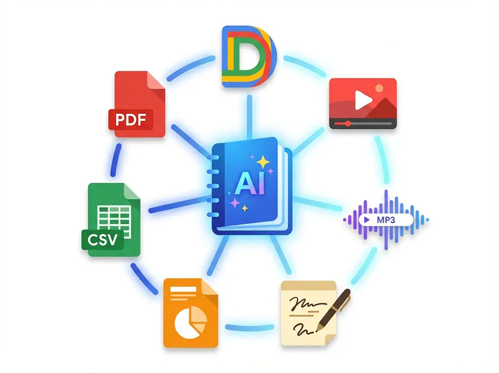 Illustration des formats de sources compatibles avec NotebookLM : PDF, Google Docs, YouTube, fichiers audio MP3, images et présentations