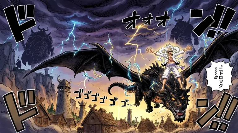 Luffy en Gear 5 sur le dos du dragon Nidhogg (Loki) lors de la bataille d'Elbaf dans One Piece chapitre 1176