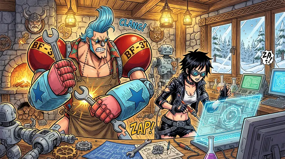 Franky et Lilith (Vegapunk) travaillant ensemble dans un atelier à Elbaf dans One Piece chapitre 1176