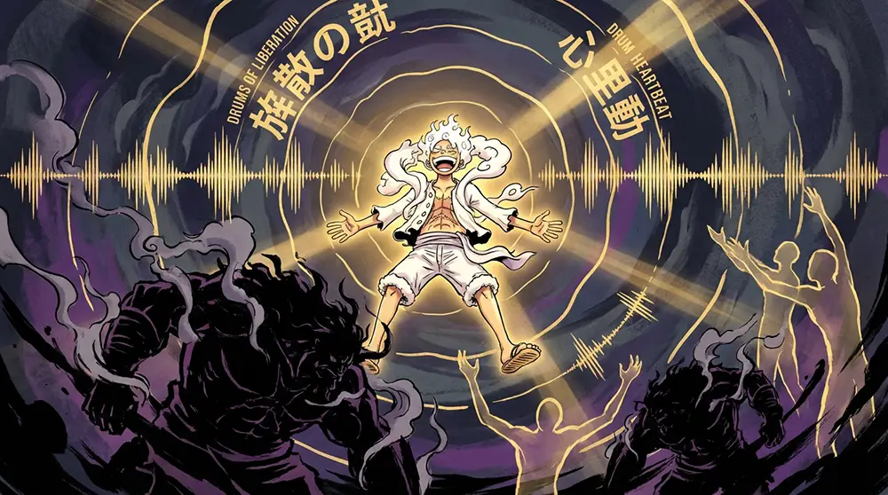 Luffy en Gear 5 libérant les géants du Domi Reversi grâce aux tambours de la libération dans One Piece 1176