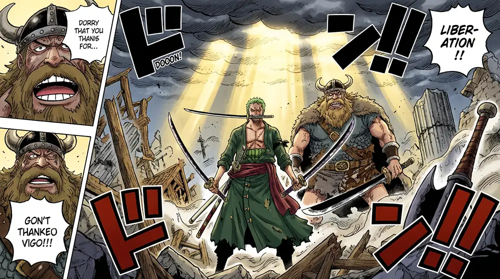 Zoro debout entre les géants Dorry et Broggy libérés du Domi Reversi dans One Piece 1176