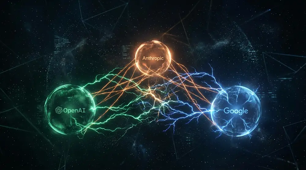 Illustration de la concurrence entre OpenAI GPT-5.4, Anthropic Claude et Google Gemini