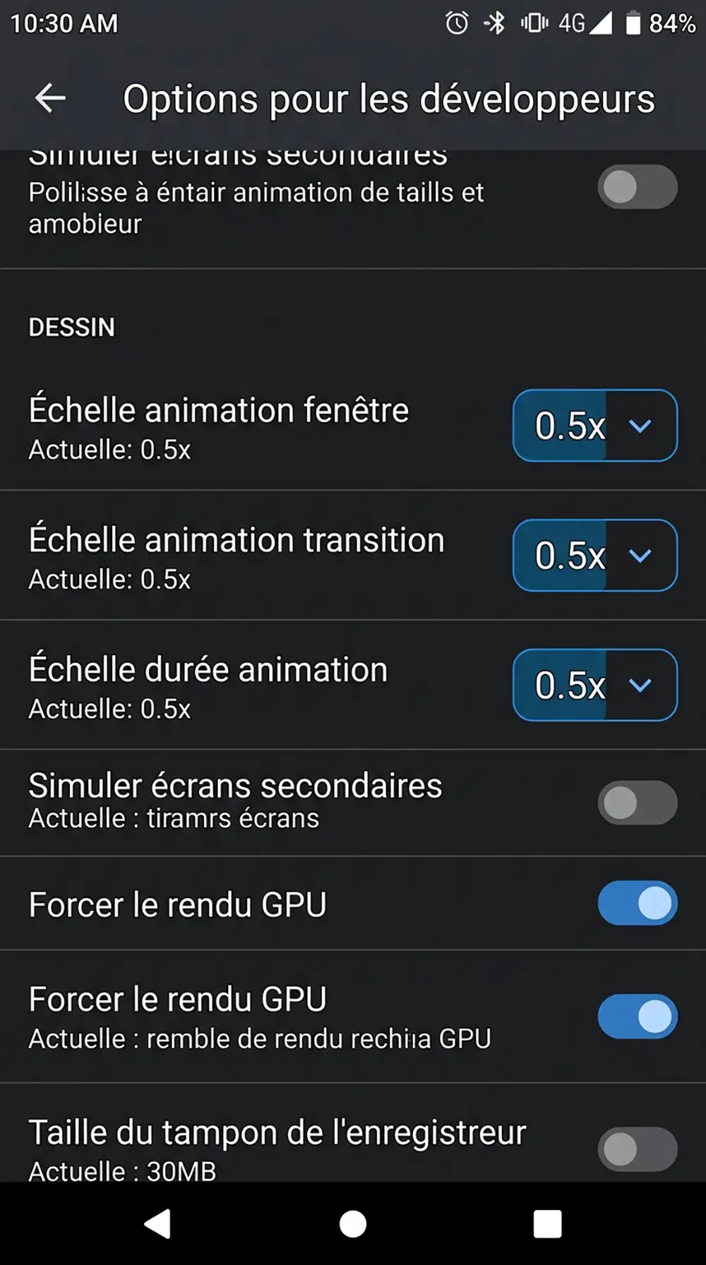 Menu Options développeur Android avec les trois échelles d'animation réglées à 0,5x
