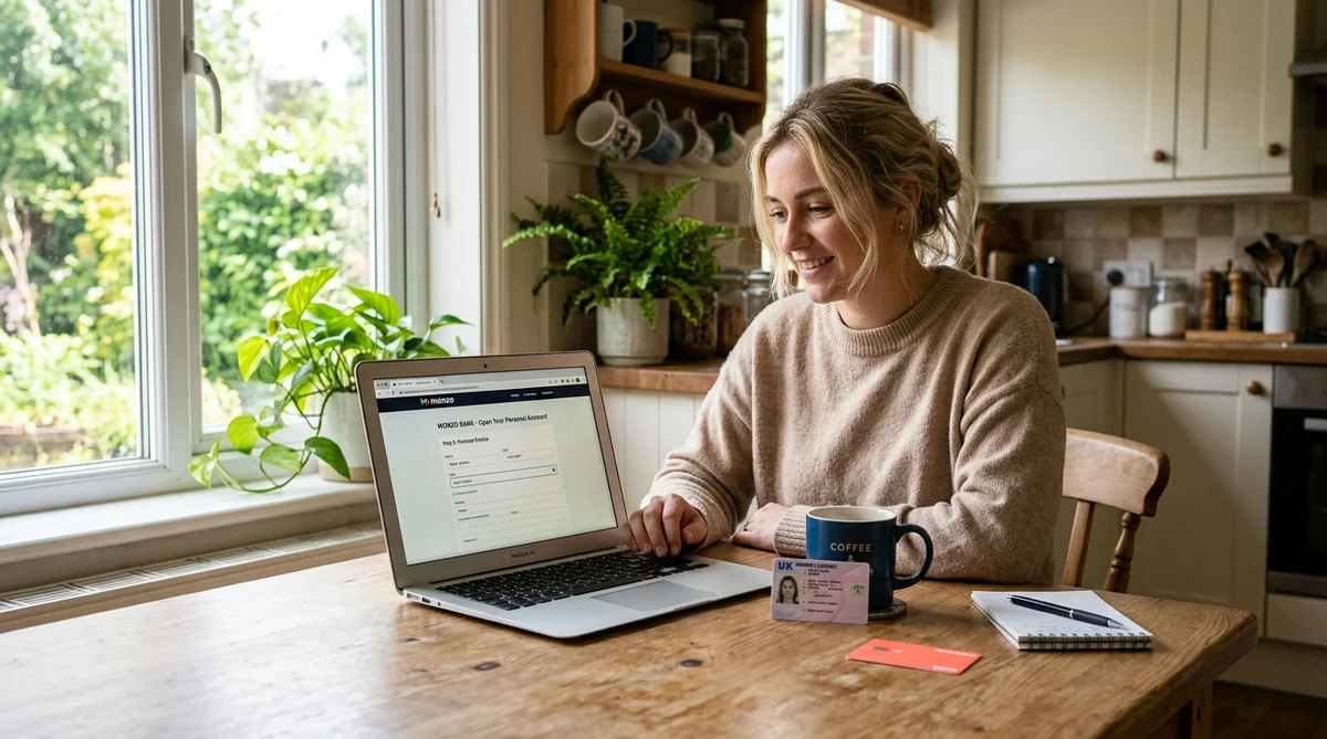 Ouvrir un compte dans une banque en ligne en 2026 – démarche 100 % digitale Personne ouvrant un compte bancaire en ligne sur un ordinateur portable à la maison avec une carte d'identité et une carte bancaire