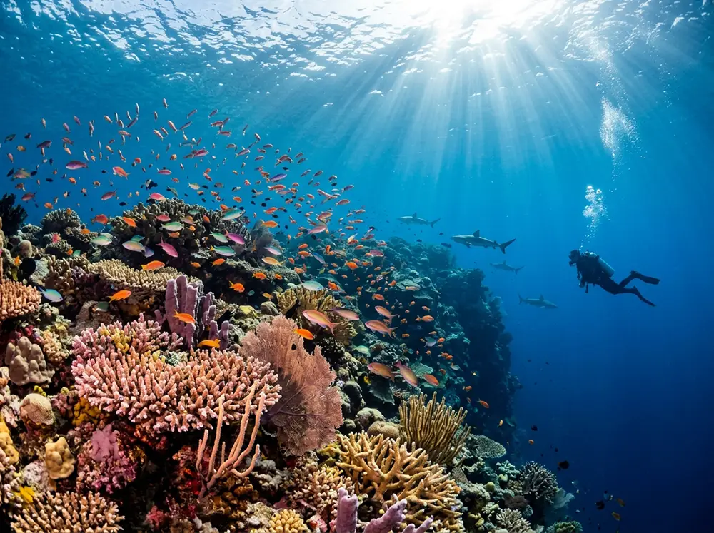 Plongée sous-marine à Palaos avec récif corallien coloré, poissons tropicaux et rayon de lumière, l'un des plus petits pays du monde en Micronésie