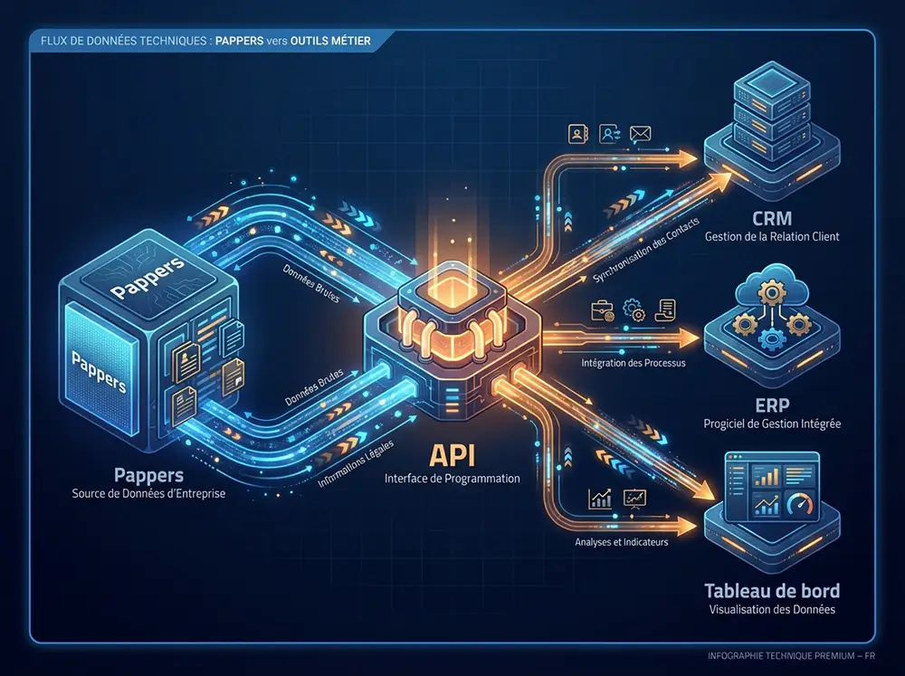 Illustration technique des flux de données de l'API Pappers vers des outils CRM et ERP pour l'automatisation de la collecte d'informations légales