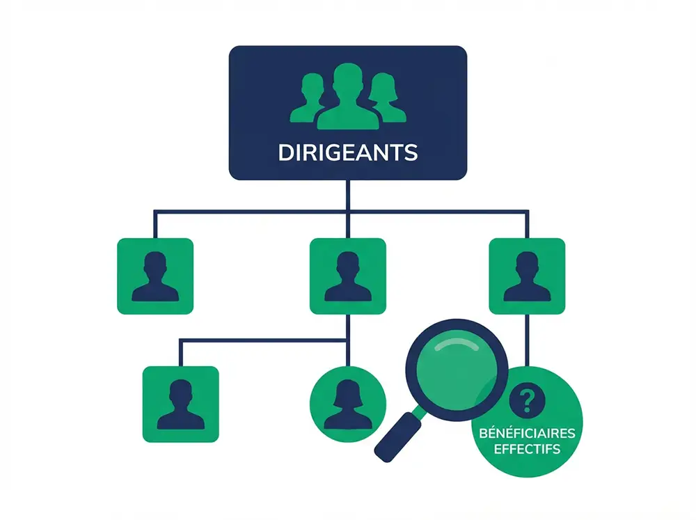 Organigramme stylisé illustrant la recherche de dirigeants et bénéficiaires effectifs d'une entreprise sur Pappers pour la conformité KYC