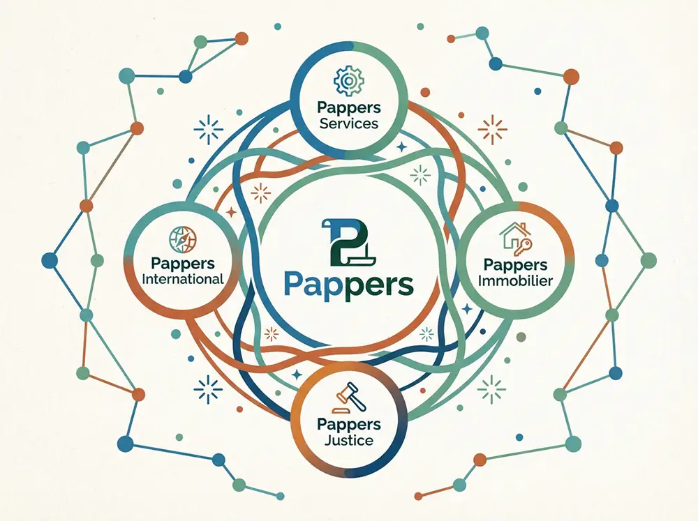 Illustration de l'écosystème Pappers avec ses extensions Services, Immobilier, Justice et International autour de la plateforme centrale