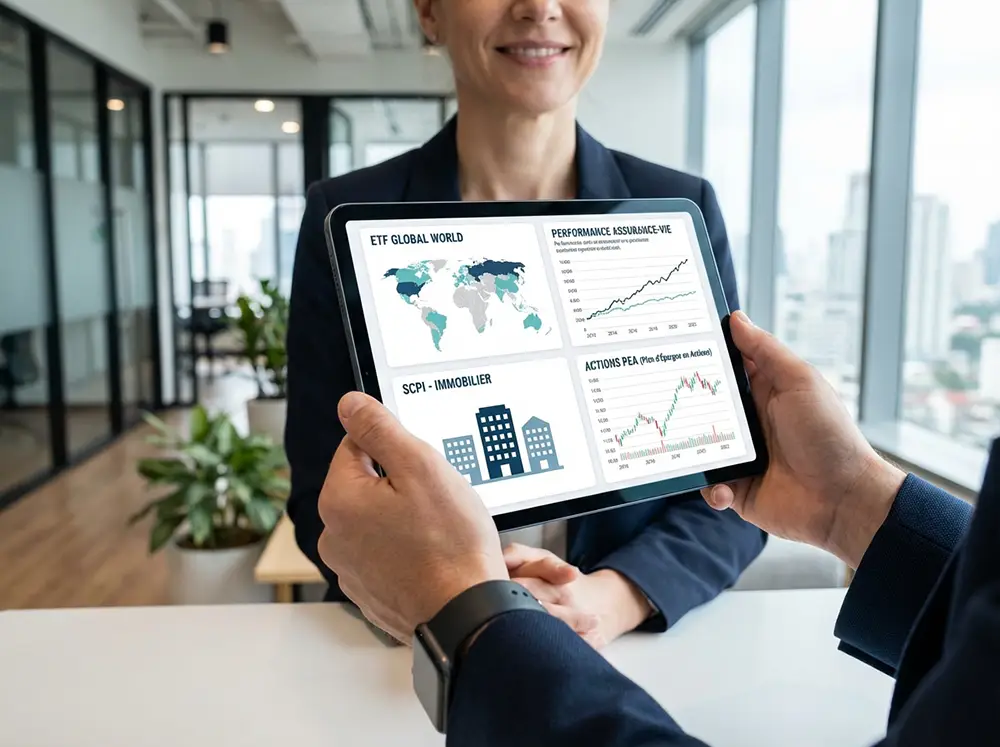 Portefeuille d'investissement FIRE sur tablette avec ETF, PEA et SCPI