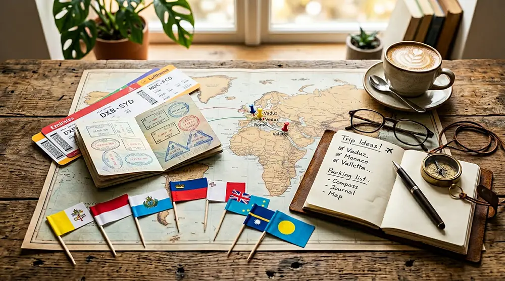 Matériel de planification de voyage avec carte du monde, passeport et drapeaux des pays les plus petits du monde posés sur une table en bois