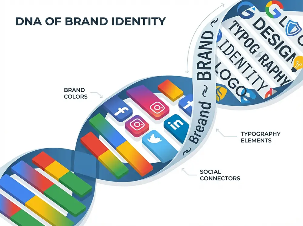 Concept de Business DNA dans Pomelli représentant l'identité de marque extraite automatiquement du site web