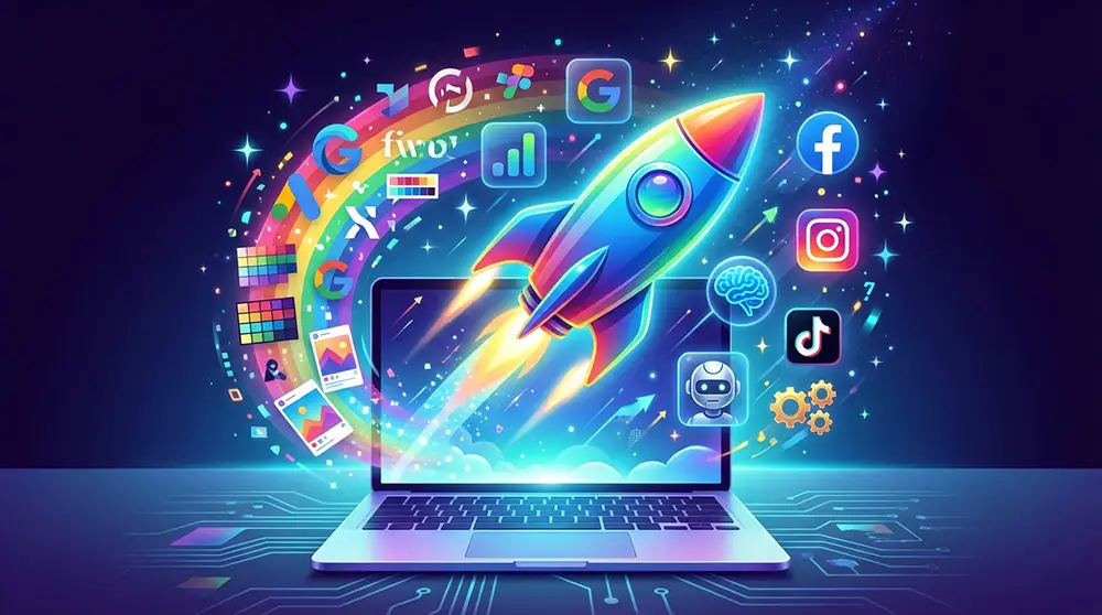 Illustration futuriste représentant les perspectives d'évolution de Pomelli avec Google Ads et une expansion mondiale