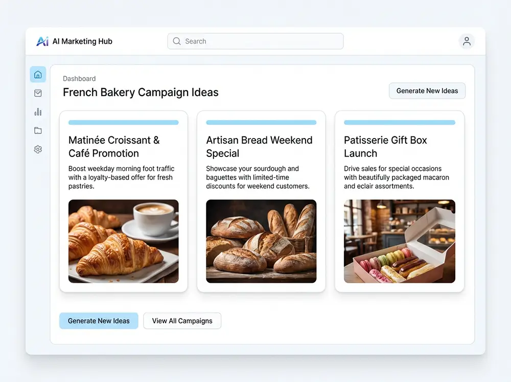 Interface de Pomelli affichant des propositions d'idées de campagnes marketing personnalisées pour une PME