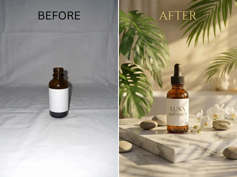 Comparaison avant-après de Pomelli Photoshoot transformant une photo produit basique en visuel professionnel