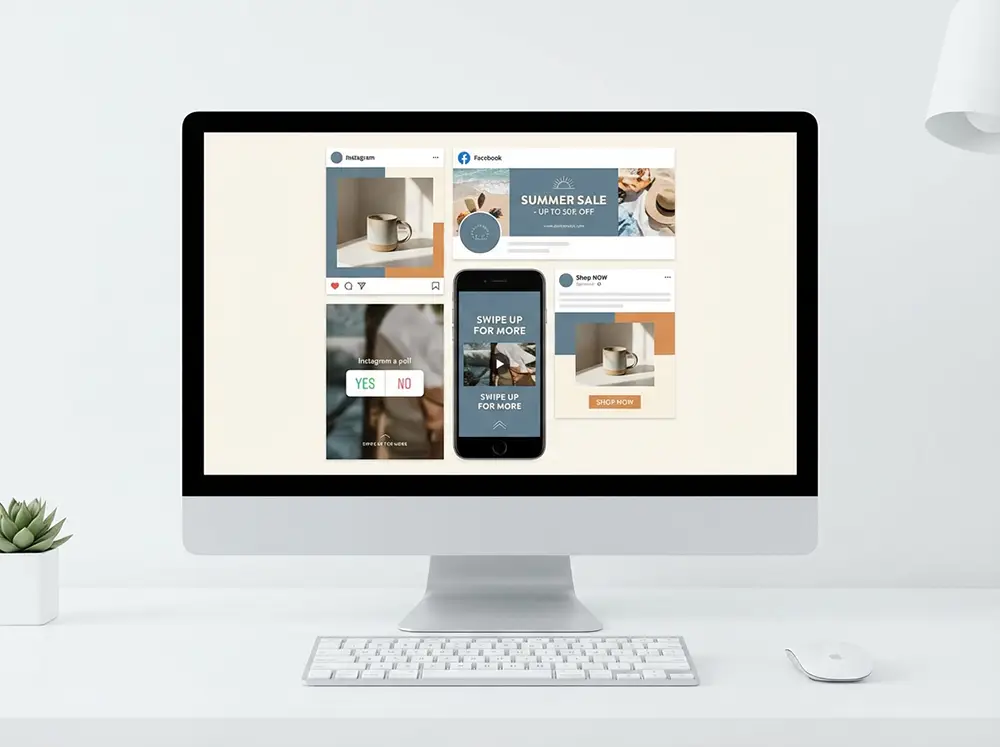 Exemple de visuels marketing cohérents générés par Pomelli pour Instagram, Facebook et les bannières publicitaires