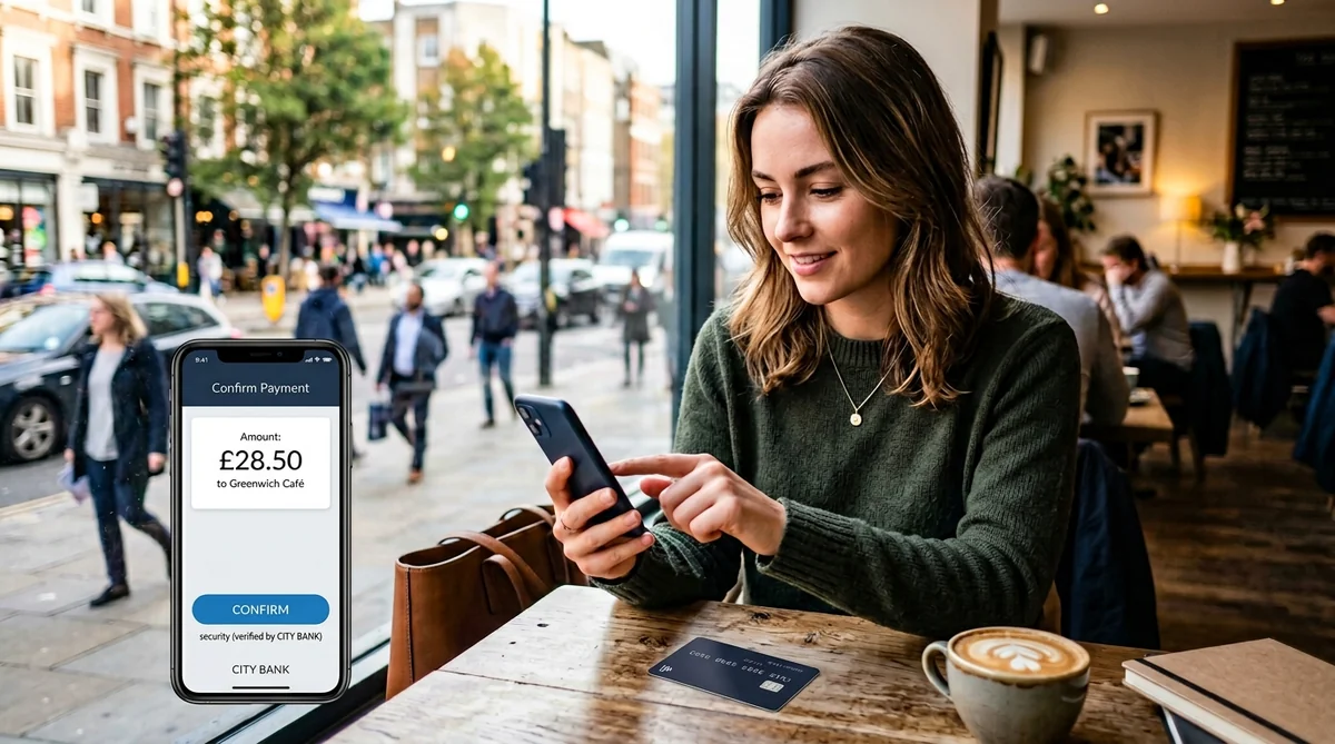 Revolut et néobanques mobiles – compte gratuit et paiements sans frais à l'étranger Jeune professionnel utilisant une néobanque mobile dans un café avec une carte bancaire moderne pour payer sans frais à l'étranger