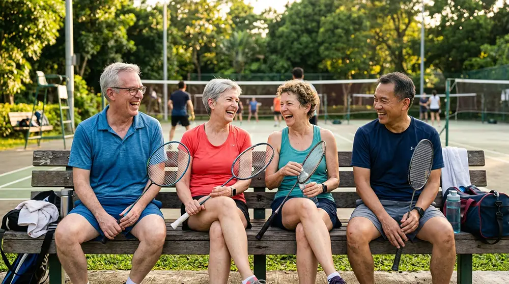 Groupe d'adultes de 50 à 65 ans qui rient après une partie de badminton