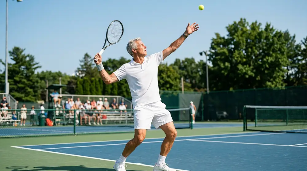 Homme de 60 ans qui sert au tennis en plein air