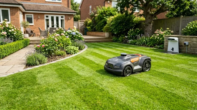 Tondeuse automatique robot tondant une pelouse verte dans un jardin résidentiel avec station de charge en arrière-plan