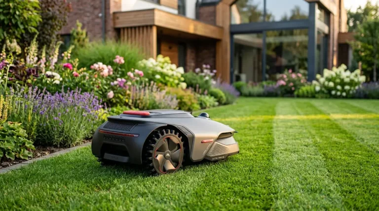 Tondeuse automatique robot tondant une pelouse verte dans un jardin résidentiel