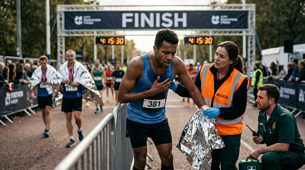 Coureur de marathon épuisé à l'arrivée illustrant les risques du sport excessif