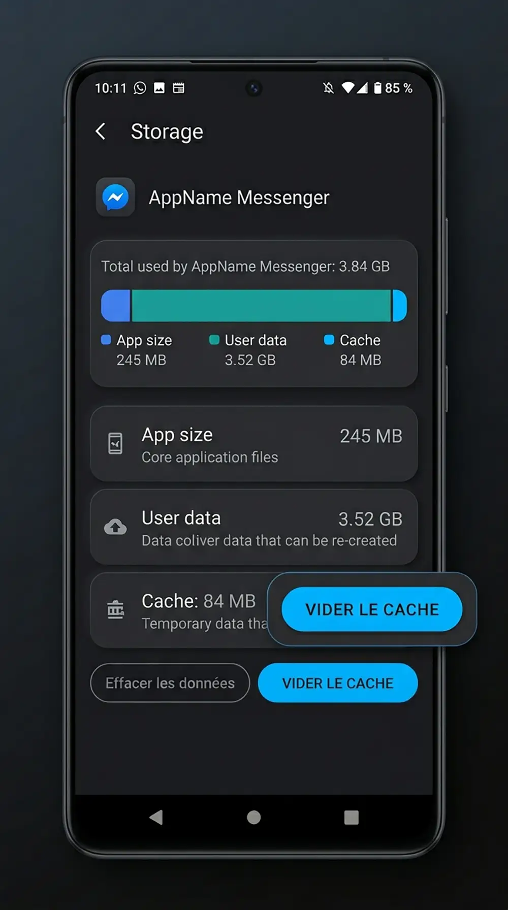 Menu Android Paramètres > Applications > Stockage avec bouton Vider le cache en surbrillance