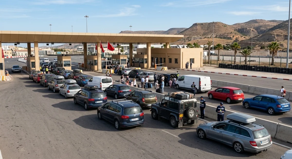 Poste frontière marocain avec des voitures étrangères en attente de passage à la douane