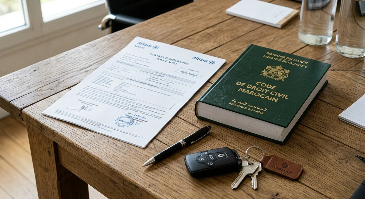Document d'assurance automobile et code des assurances marocain posés sur un bureau