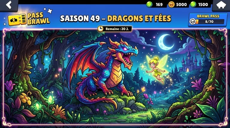 Brawl Pass saison 49 : toutes les récompenses Dragons et Fées Illustration hero du Brawl Pass saison 49 Brawl Stars thème Dragons et Fées avril 2026