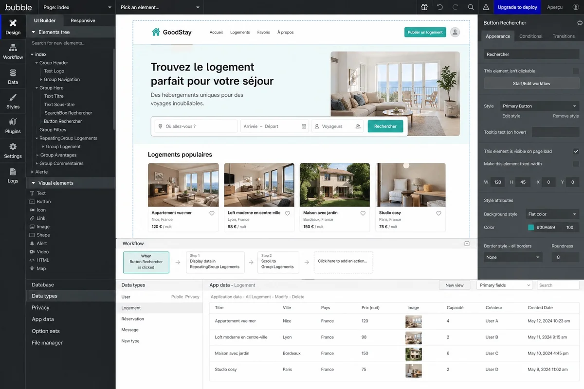 Éditeur visuel Bubble.io pour créer une application web SaaS sans développeur