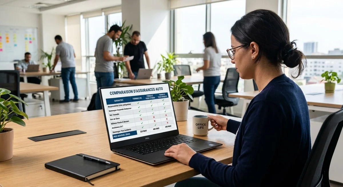 Tableau comparatif des formules d'assurance auto au Maroc affiché sur un écran d'ordinateur portable