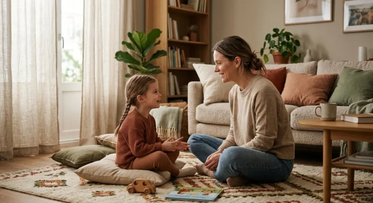 Parent et enfant en discussion calme illustrant l'éducation positive