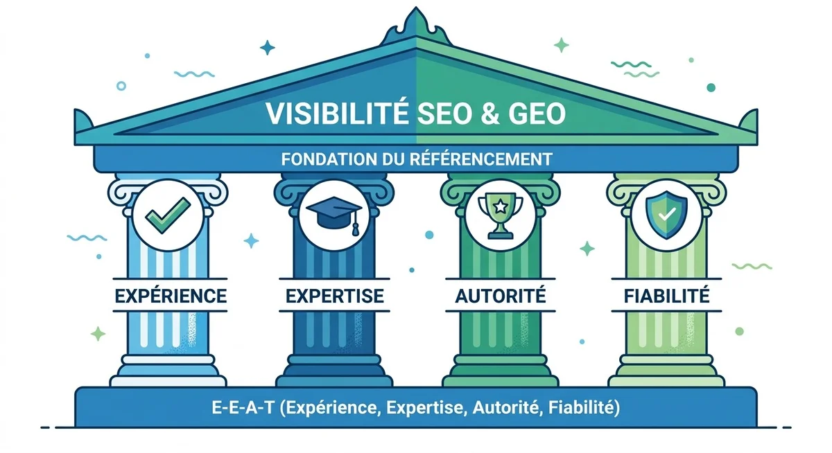 Illustration des 4 piliers E-E-A-T pour un article de blog performant en SEO et GEO