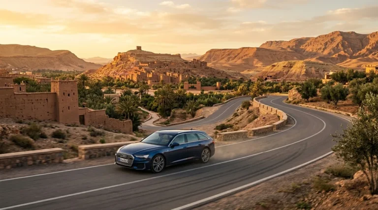 Voiture d'expatrié circulant sur une route marocaine avec une ville en arrière-plan