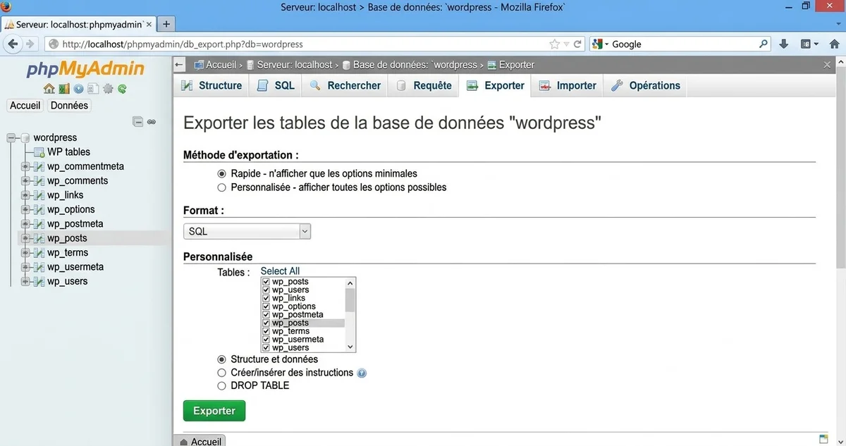Interface phpMyAdmin avec l'onglet Exporter pour sauvegarder la base de données WordPress au format SQL