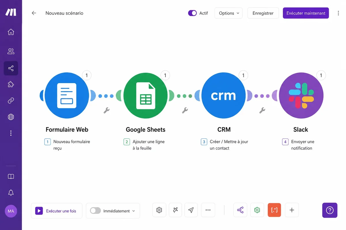 Scénario d'automatisation Make avec modules connectés pour un workflow no-code