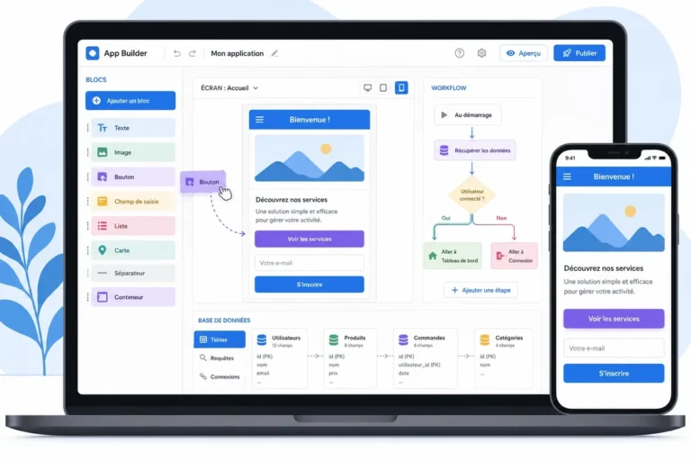Interface visuelle d'un outil no-code avec blocs drag-and-drop pour créer une application sans développeur